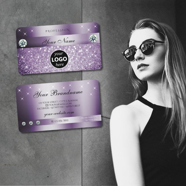 Elegant Purple Glitter Sparkling Stars with Logo Business Card (Creator Uploaded)