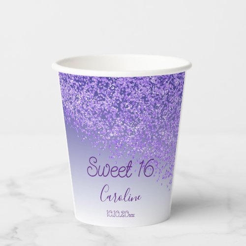 Elegant Purple Glitter Sweet 16 Birthday Paper Cups