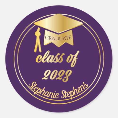 Elegant Purple  Gold 2023 Graduate Cap Graduation Classic Round Sticker