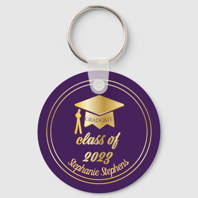 Elegant Purple |Gold 2023 Graduate Cap Graduation  Keychain (Front)