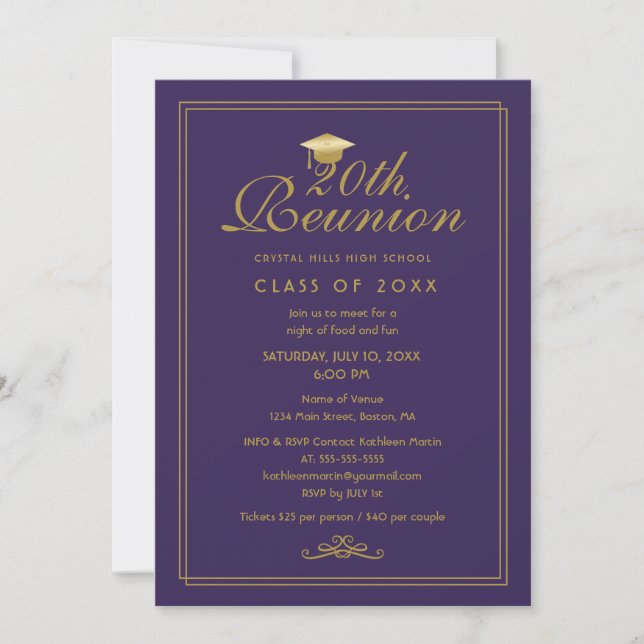 Elegant Purple Gold 20th Class Reunion Invitation (Front)