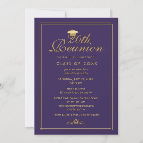Elegant Purple Gold 20th Class Reunion Invitation