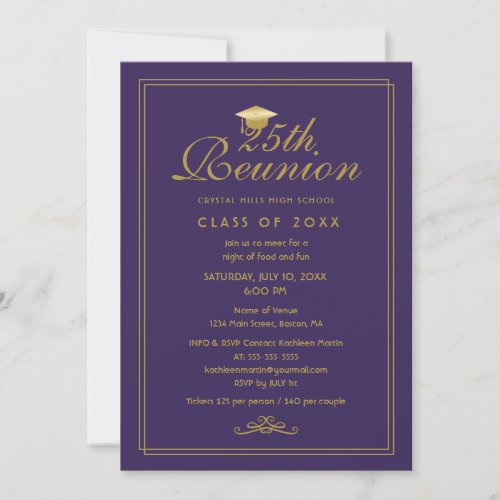 Elegant Purple Gold 25th Class Reunion Invitation