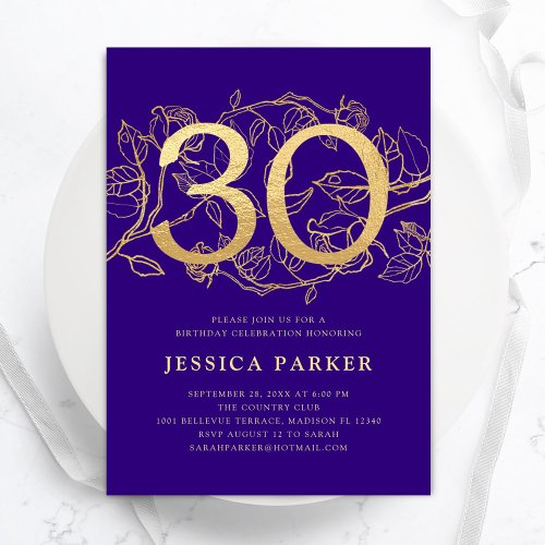 Elegant Purple Gold 30th Birthday Invitation