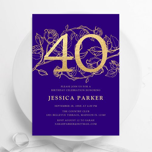 Elegant Purple Gold 40th Birthday Invitation