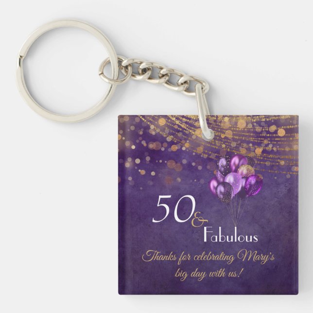 Elegant Purple Gold 50 Fabulous Birthday Favor Keychain (Front)