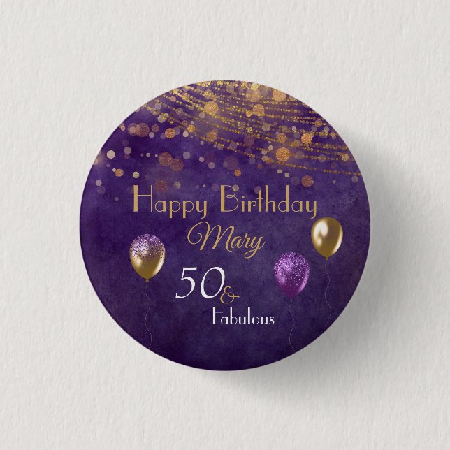 Elegant Purple Gold 50 Fabulous Happy Birthday Button (Front)