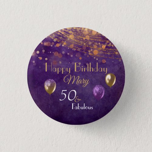 Elegant Purple Gold 50 Fabulous Happy Birthday Button