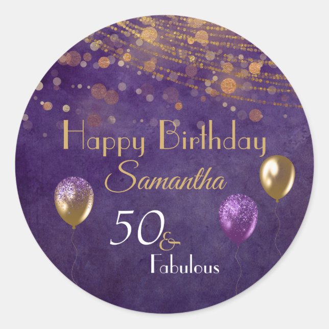 Elegant Purple Gold 50 & Fabulous Happy Birthday  Classic Round Sticker (Front)