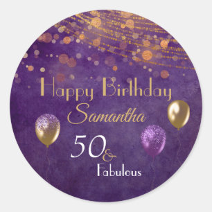 Elegant Purple Gold 50 & Fabulous Happy Birthday  Classic Round Sticker