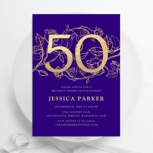 Elegant Purple Gold 50th Birthday Invitation