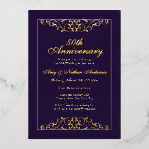 Elegant Purple Gold 50th Wedding Anniversary  Foil Invitation