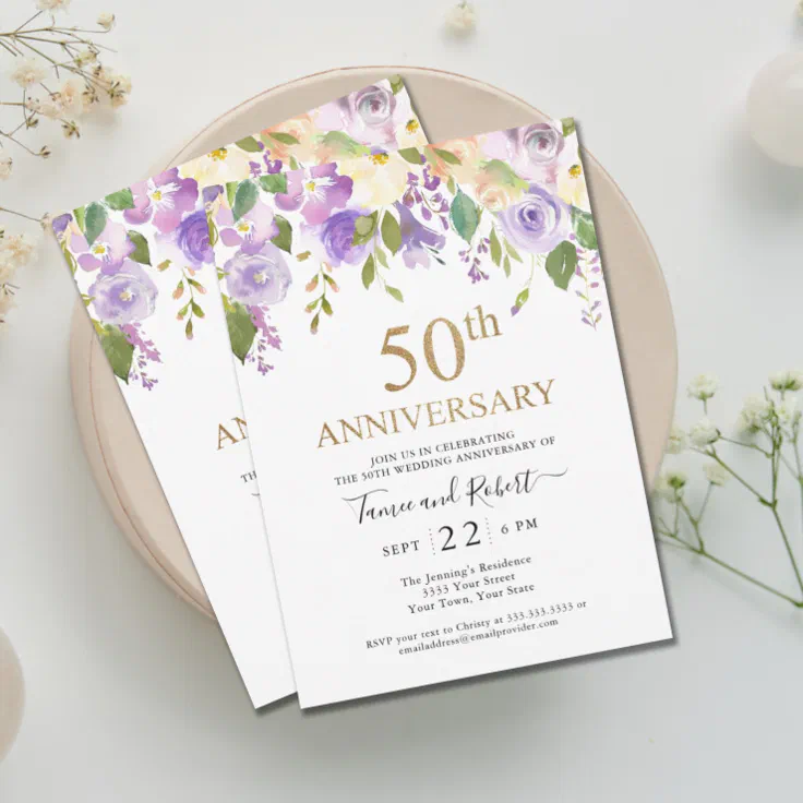 Elegant Purple Gold 50th Wedding Invitation | Zazzle