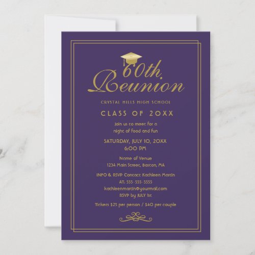 Elegant Purple Gold 60th Class Reunion Invitation