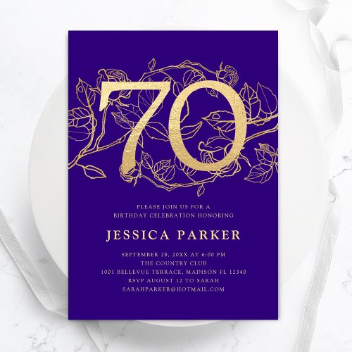 Elegant Purple Gold 70th Birthday Invitation