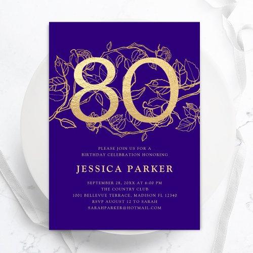 Elegant Purple Gold 80th Birthday Invitation