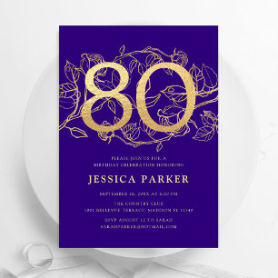Elegant Purple Gold 80th Birthday Invitation