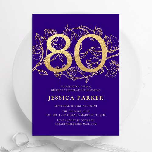 Elegant Purple Gold 80th Birthday Invitation