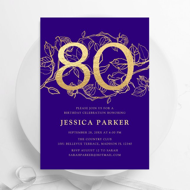 Elegant Purple Gold 80th Birthday Invitation (Creator Uploaded)