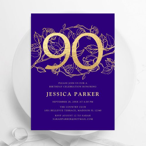 Elegant Purple Gold 90th Birthday Invitation