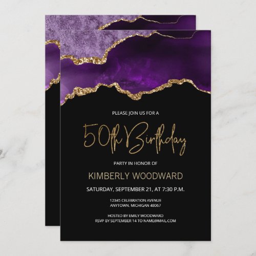 Elegant Purple Gold Agate 50th Birthday Party Invitation