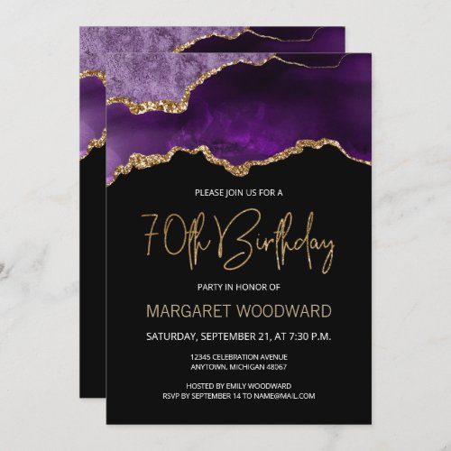 Elegant Purple Gold Agate 70th Birthday Invitation