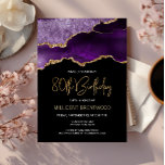 Elegant Purple Gold Agate 80th Birthday Invitation<br><div class="desc">This trendy 80th birthday invitation features a watercolor image of an agate geode in shades of purple with faux gold highlights. The words "80th Birthday" appear in faux gold glitter in decorative modern handwriting font. Customize it with the name of the honoree in gold colored text and the details in...</div>