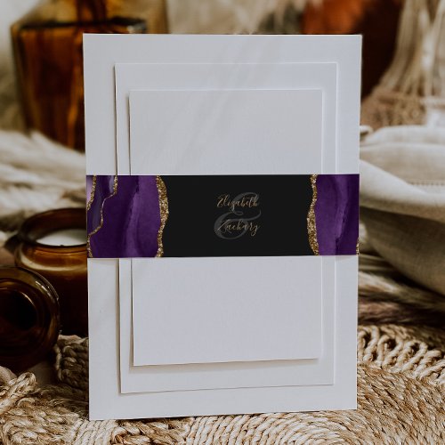 Elegant Purple Gold Agate Dark Wedding Invitation Belly Band