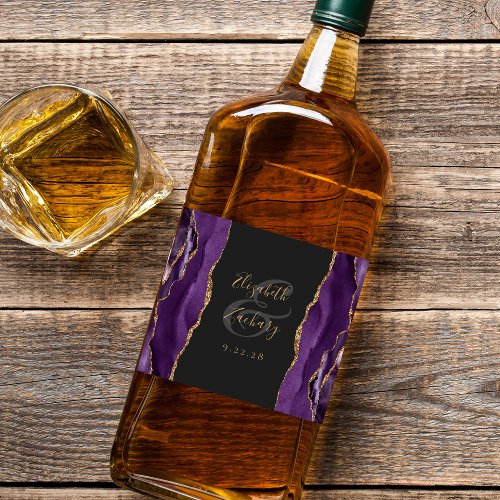Elegant Purple Gold Agate Dark Wedding Liquor Bottle Label