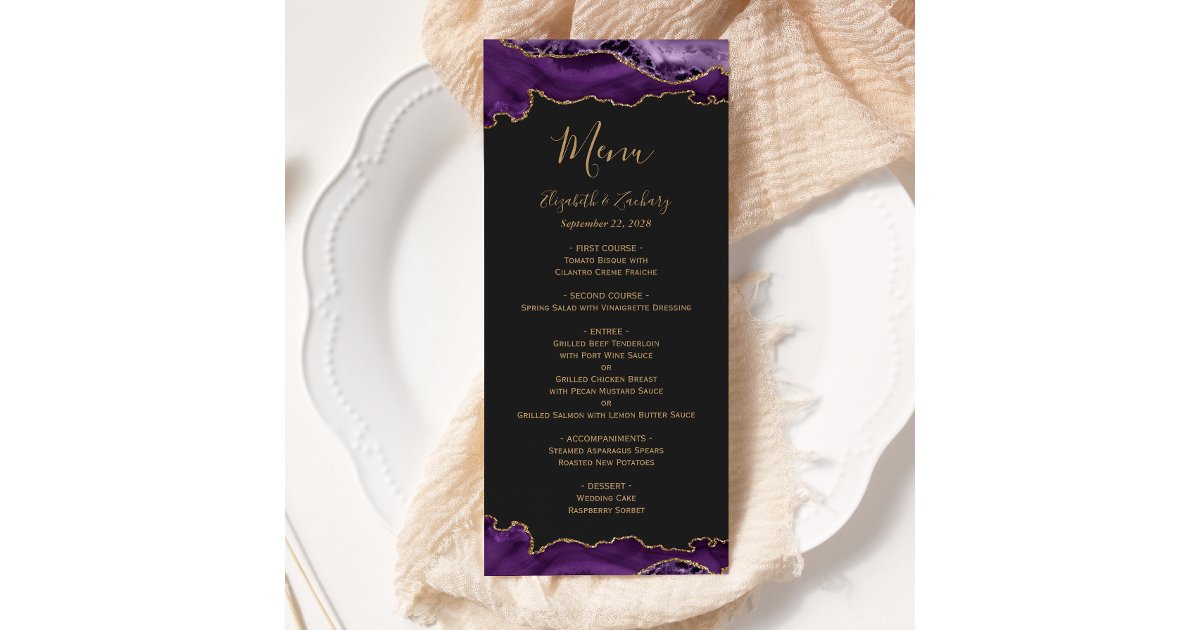Elegant Purple Gold Agate Dark Wedding Menu | Zazzle
