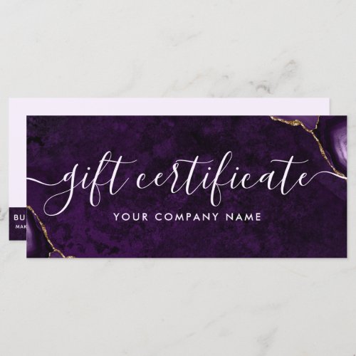 Elegant Purple Gold agate marble Gift certificate