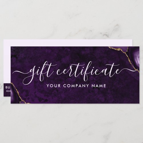 Elegant Purple Gold agate marble Gift certificate