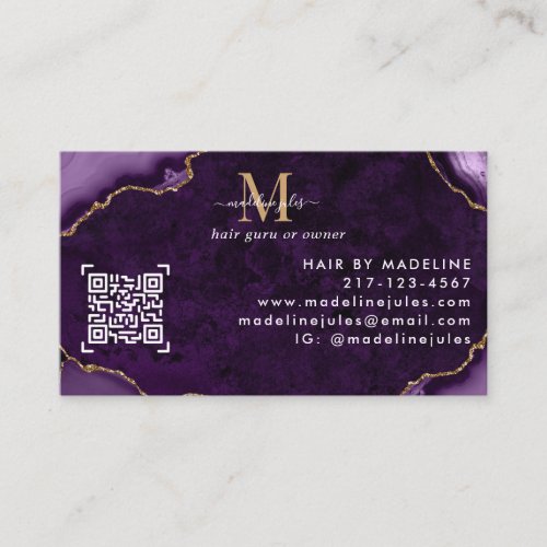 Elegant Purple Gold agate marble Monogram Glitter  Business Card