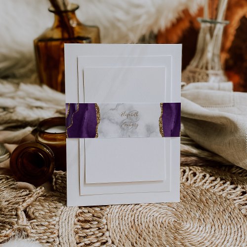 Elegant Purple Gold Agate Marble Wedding Invitation Belly Band