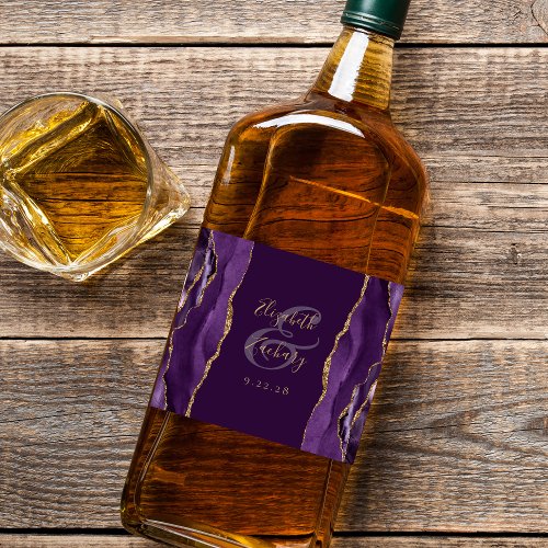 Elegant Purple Gold Agate Plum Wedding Liquor Bottle Label