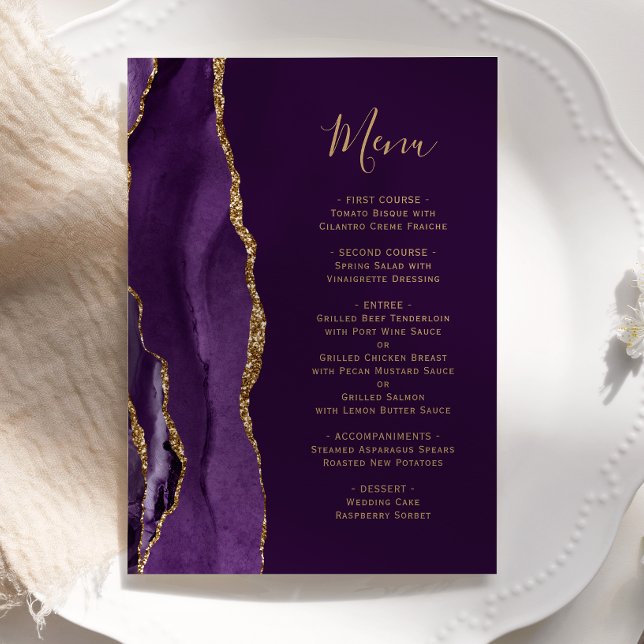 Elegant Purple Gold Agate Plum Wedding Menu (Creator Uploaded)
