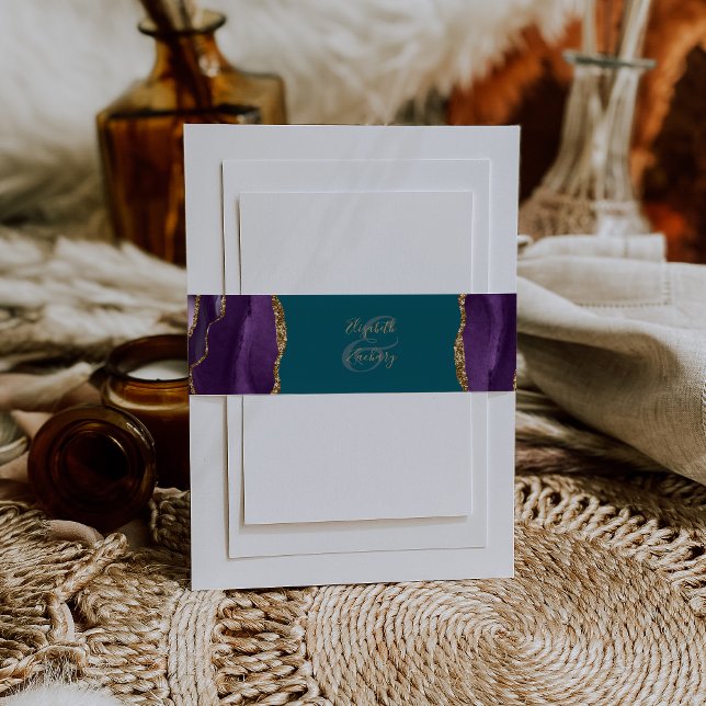 Elegant Purple Gold Agate Teal Wedding Invitation Belly Band (Creator Uploaded)