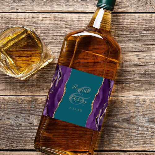 Elegant Purple Gold Agate Teal Wedding Liquor Bottle Label