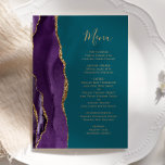 Elegant Purple Gold Agate Teal Wedding Menu<br><div class="desc">The left-hand edge of this elegant modern wedding menu features a purple watercolor agate border trimmed with faux gold glitter. The customizable text combines gold-colored handwriting script and copperplate fonts on a teal blue background. The reverse side features a matching purple and gold agate design.</div>