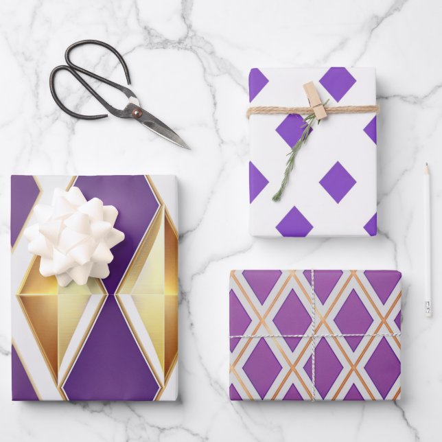 Elegant Purple Gold and White Mixed Pattern Wrapping Paper Sheets (Front)