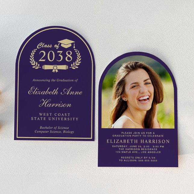 Elegant Purple Gold Arch Photo Graduation Party Invitation (An elegant arch-shaped photo graduation party invitation to celebrate the graduate's achievements)