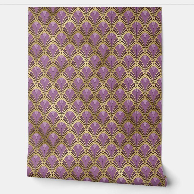 Elegant Purple Gold Art Deco Vintage Pattern Wallpaper (Unrolling)
