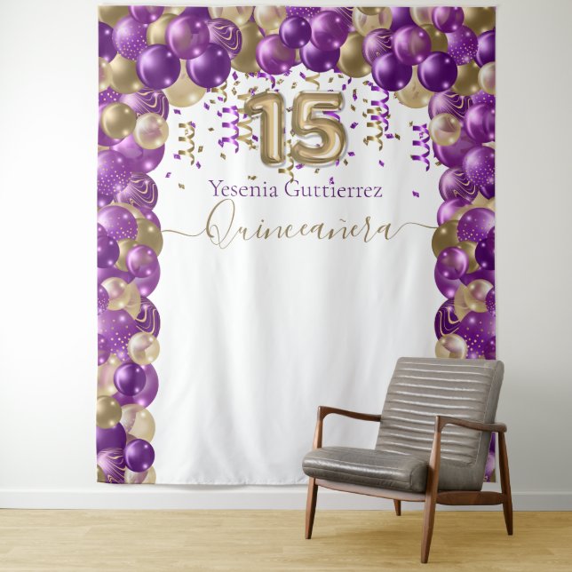 Elegant Purple Gold Balloon Arch Quinceanera Tapestry (In Situ)