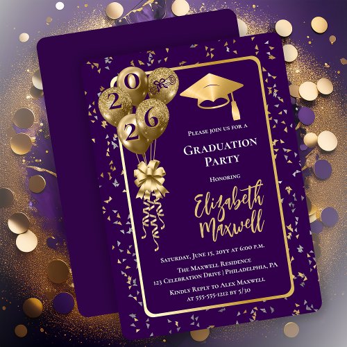 Elegant Purple Gold Balloons Graduation Party