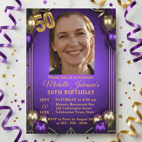 Elegant Purple & Gold Balloons Photo 50th Birthday