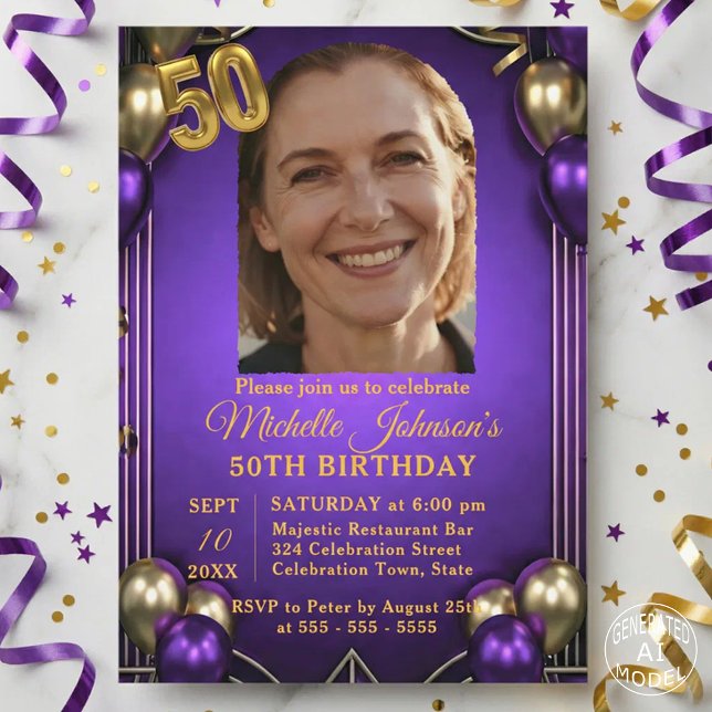 Elegant Purple & Gold Balloons Photo 50th Birthday Invitation (Creator Uploaded)
