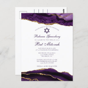Elegant Purple Gold Bat Mitzvah Party Invitation Postcard
