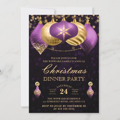 Elegant Purple  Gold Baubles Christmas Dinner Invitation