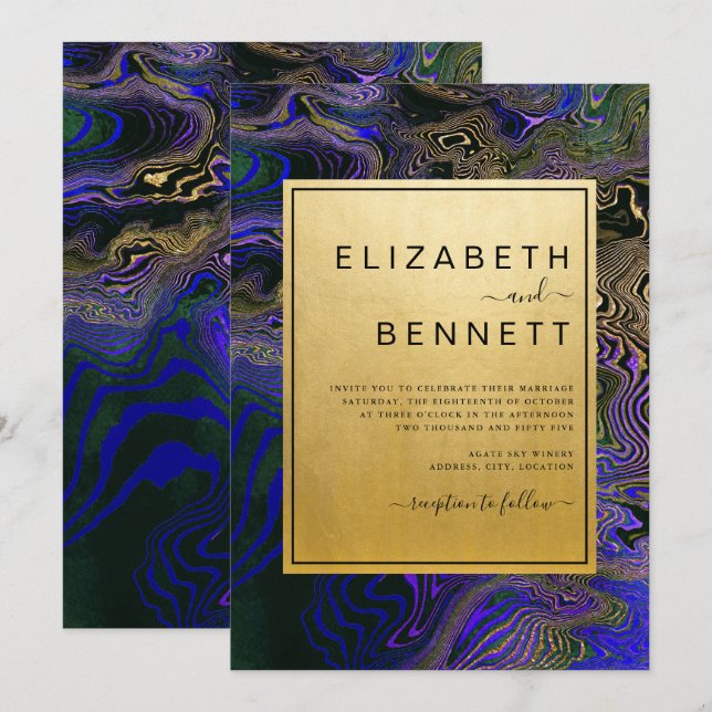 Elegant Purple Gold Black Agate Marble Wedding Invitation (Front/Back)