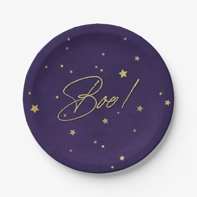Elegant Purple/Gold Boo! Halloween Party Paper Plates (Front)